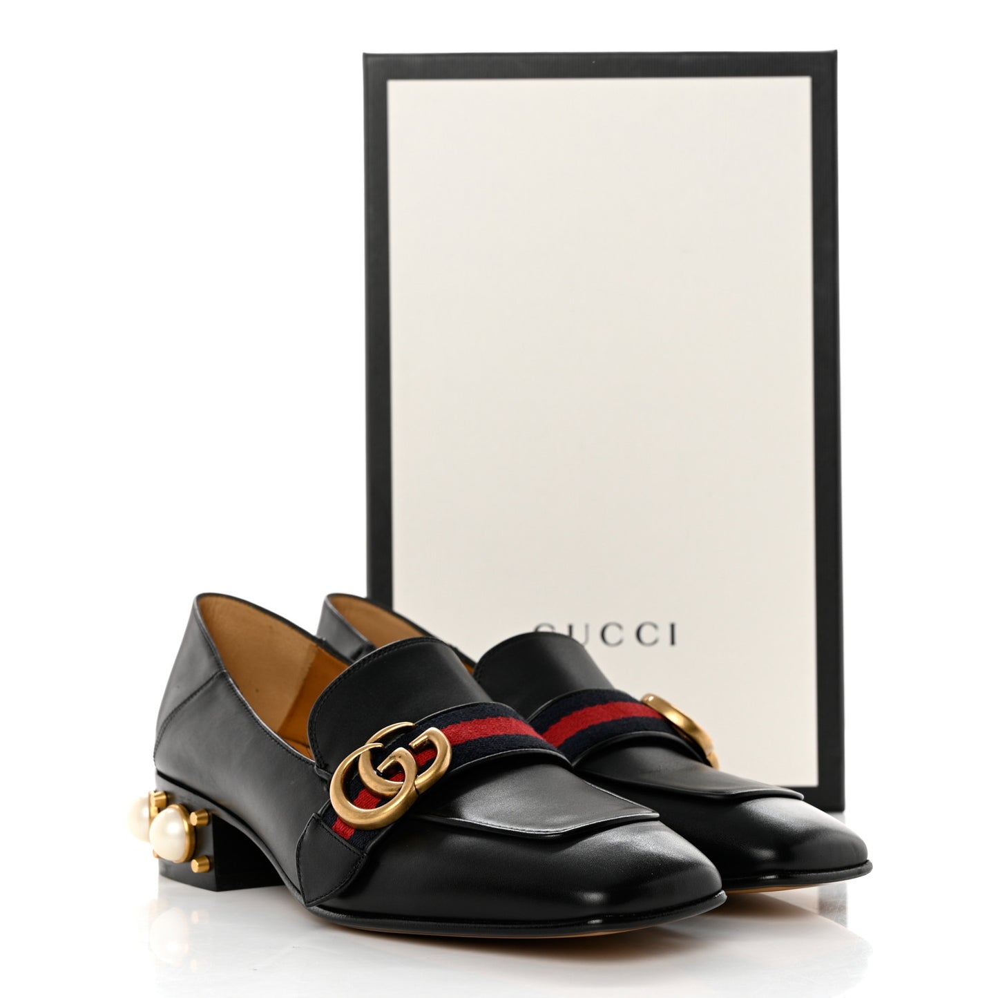 Betis Glamour Calfskin Web Pearl Embellished Peyton 35mm Loafer Pumps 36.5 Black