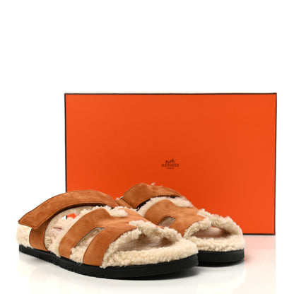Hermes Suede Goatskin Woolskin Womens Chypre Sandals 39 Brun Fume Ecru 8 of 8