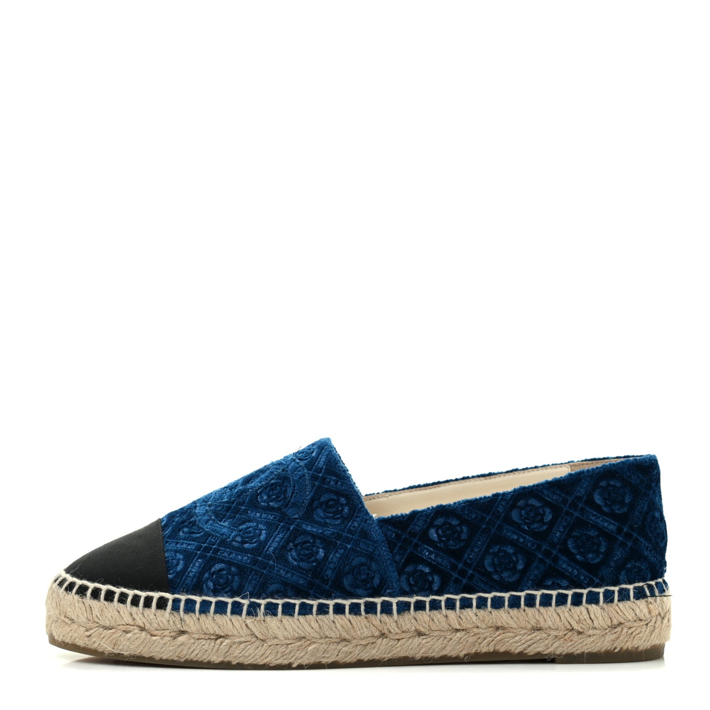 Velvet Grosgrain Quilted Camellia CC Espadrilles 38 Navy Black