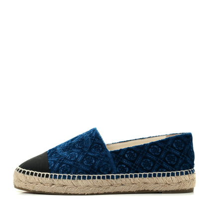 Chanel Velvet Grosgrain Quilted Camellia CC Espadrilles 38 Navy Black 1 of 10