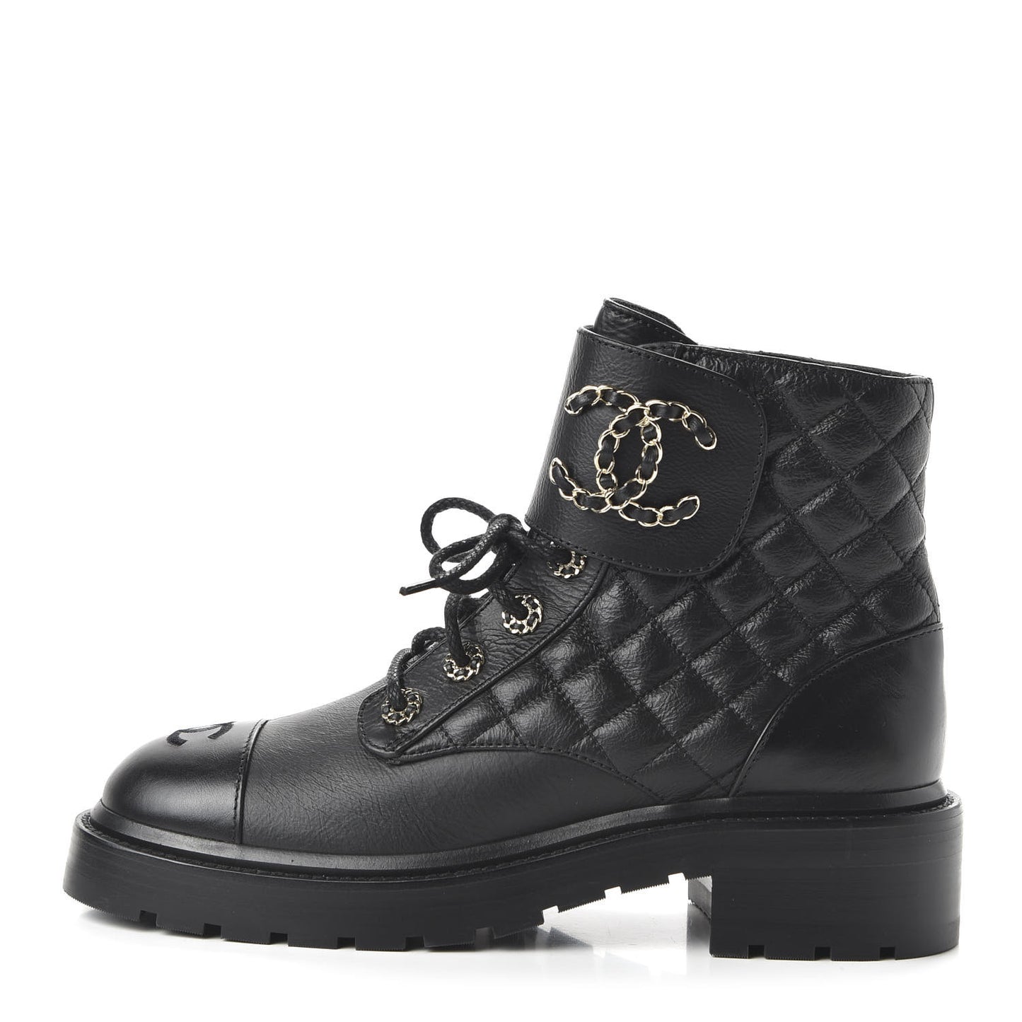 Shiny Goatskin Calfskin Quilted Lace Up Combat Boots 38.5 Black