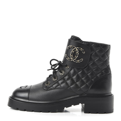 Chanel Shiny Goatskin Calfskin Quilted Lace Up Combat Boots 38.5 Black 1 of 9