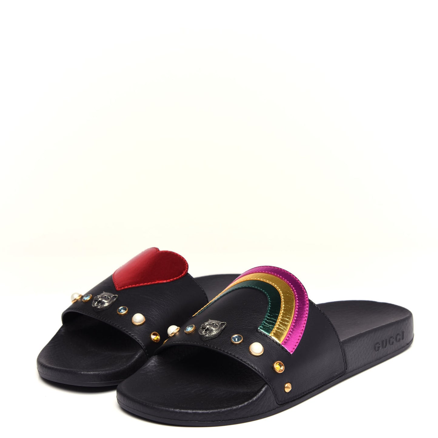 Calfskin Rainbow Heart Pursuit Slide Sandals 38 Black