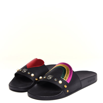 Gucci Calfskin Rainbow Heart Pursuit Slide Sandals 38 Black 2 of 11