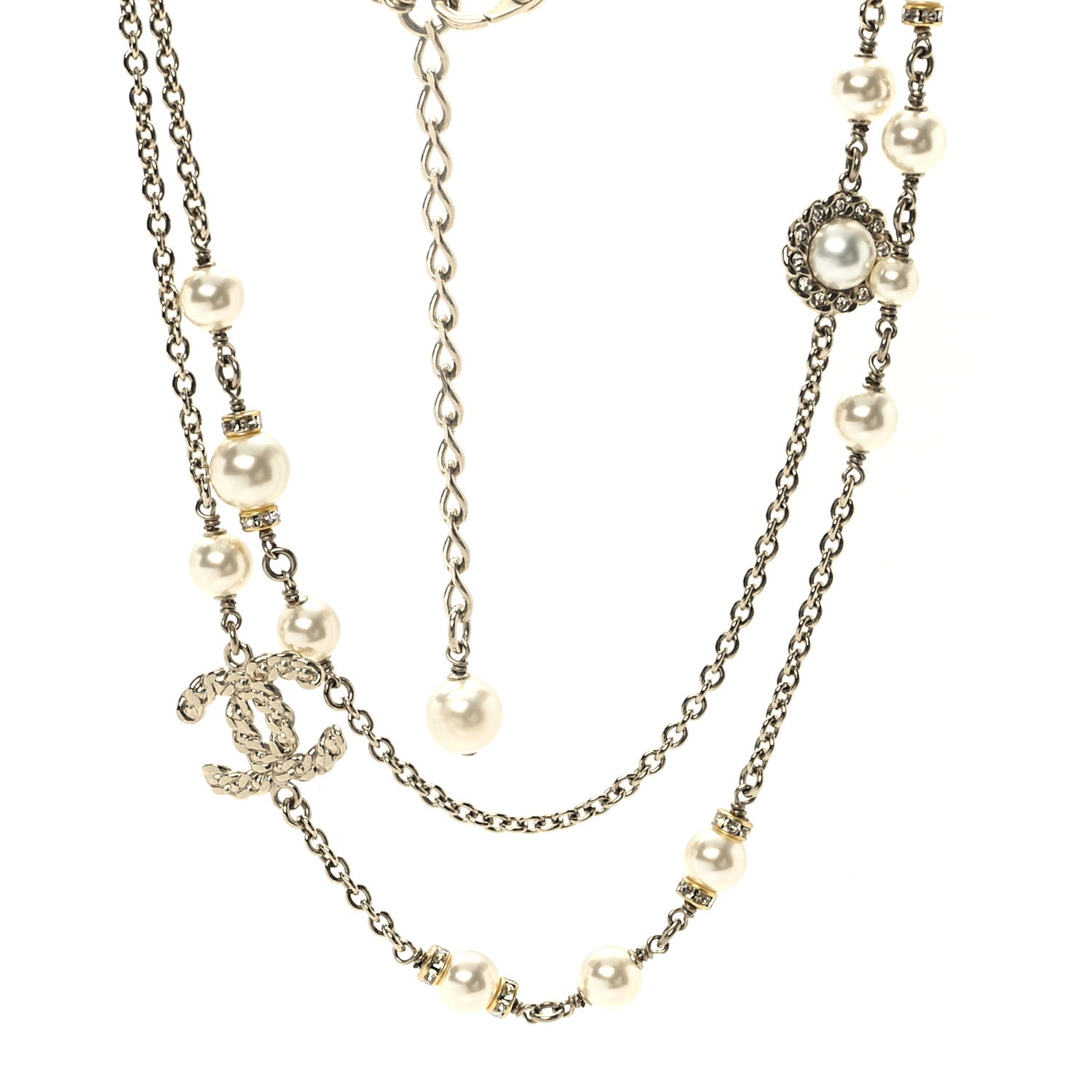 Chanel Pearl Crystal CC Lace Camellia Short Necklace Gold 1 of 5