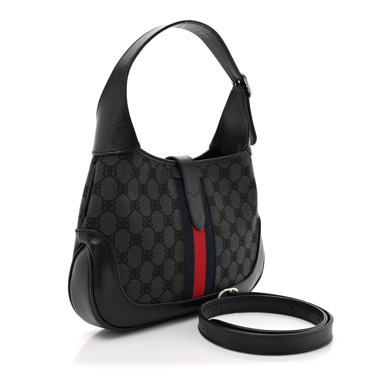 Gucci X BALENCIAGA BB Monogram Calfskin Web Small Jackie 1961 Hobo Black 4 of 11