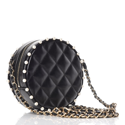 Chanel Calfskin Quilted Pearl Round Clutch With Chain Black 3 of 11