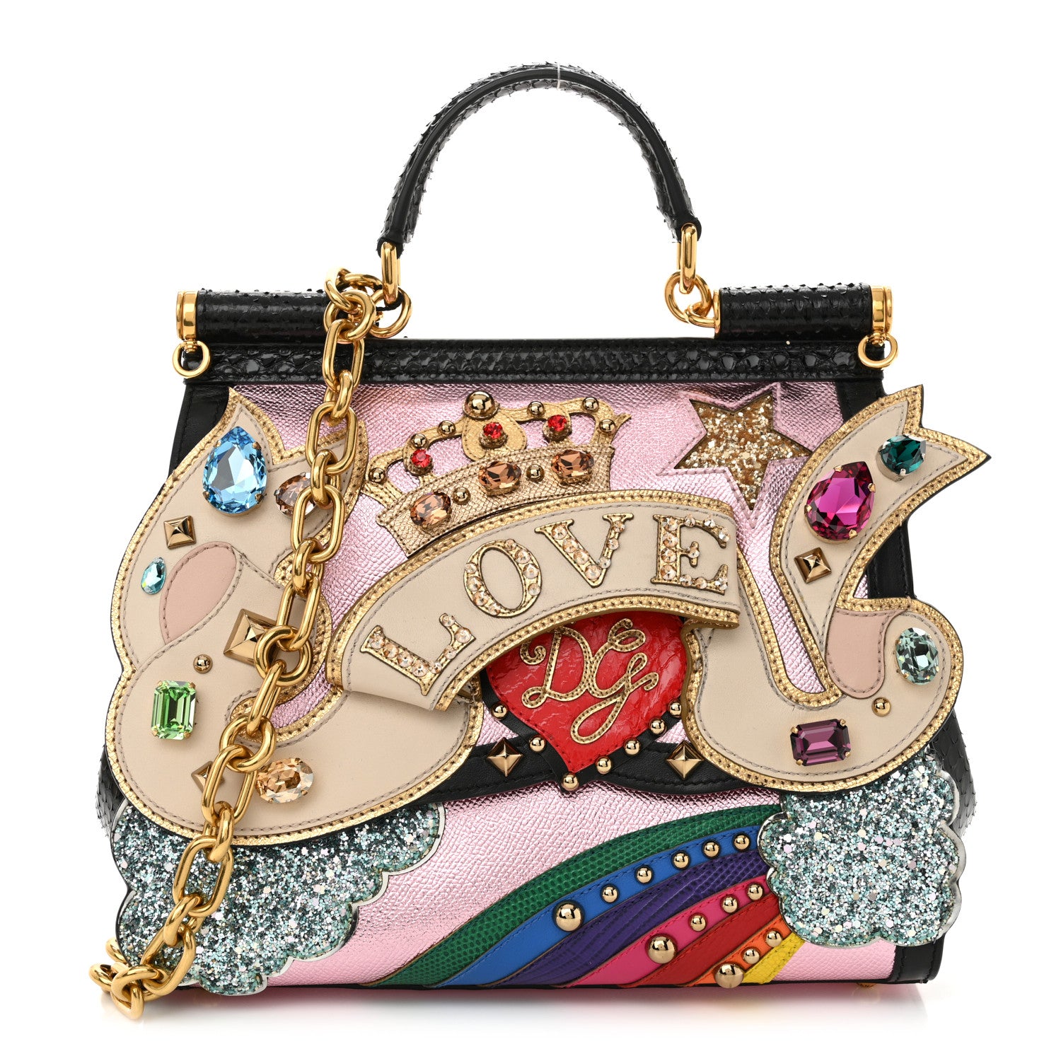 Dolce & Gabbana Metallic Calfskin Snakeskin Iguana Embossed Crystal Patch Dauphine Love Miss Sicily Satchel Black Multicolor 1 of 14