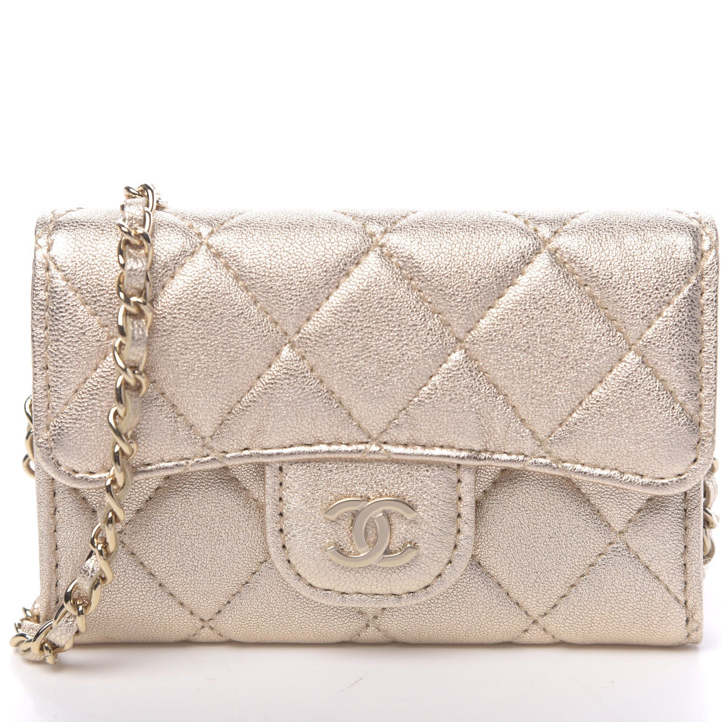 Metallic Lambskin Quilted Flap Chain Waist Bag Gold