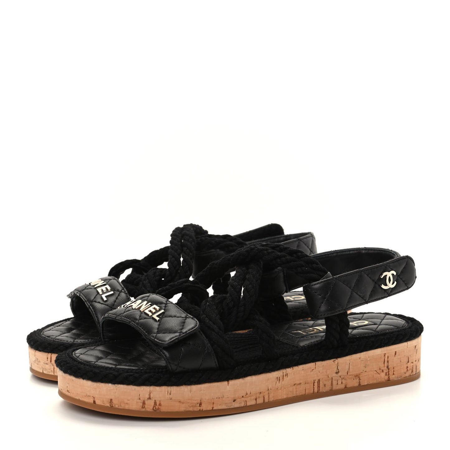 Cord Lambskin Quilted Logo Sandals 36 Black