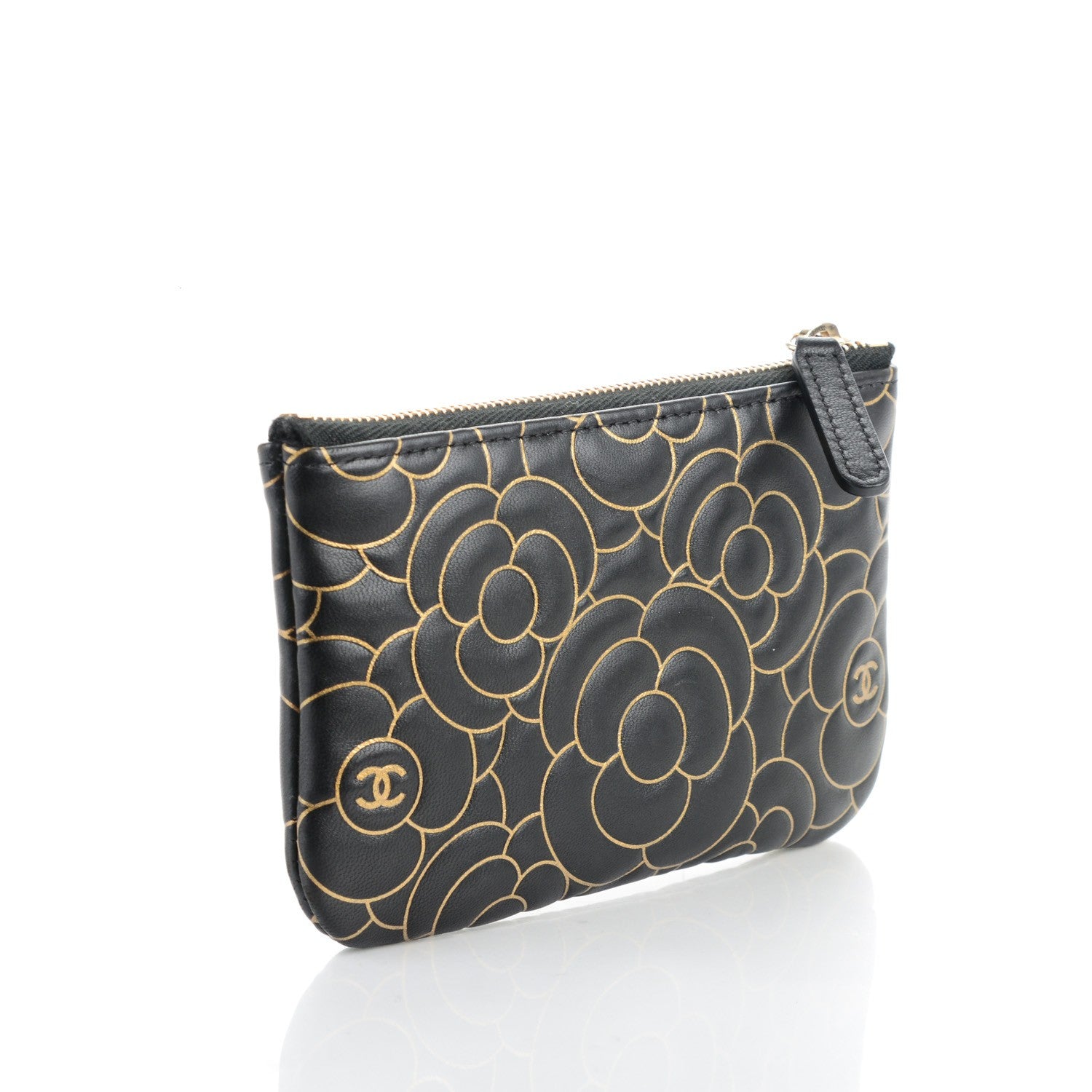 Chanel Lambskin Camellia Embossed Cosmetic Pouch Black Gold 3 of 7