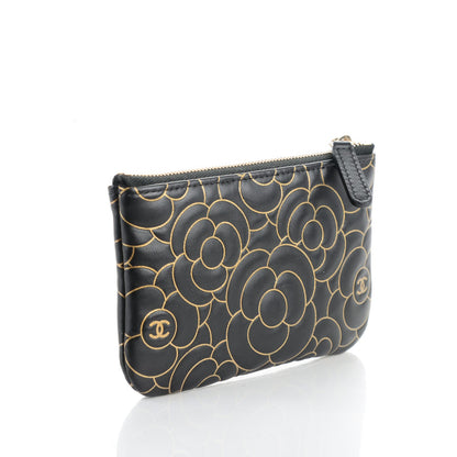Chanel Lambskin Camellia Embossed Cosmetic Pouch Black Gold 3 of 7