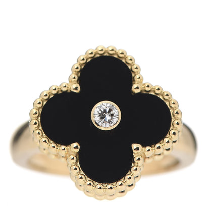 Van Cleef & Arpels 18K Yellow Gold Diamond Black Onyx Vintage Alhambra Ring 48 4.5 1 of 5