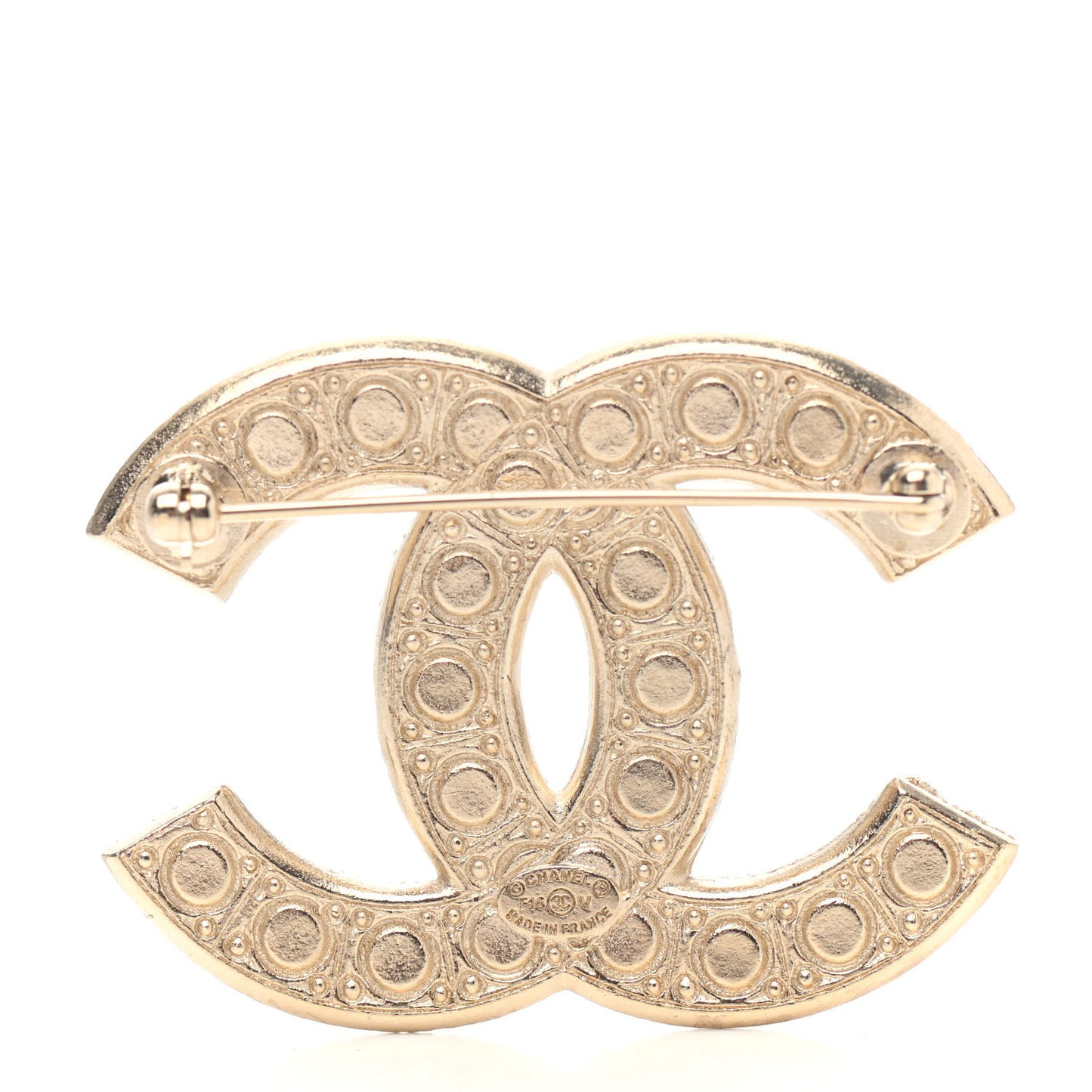 Metal Crystal Graduated Pearl CC Brooch Gold