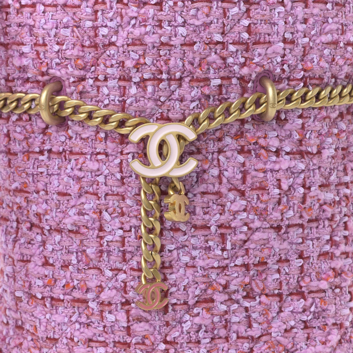 Tweed Enamel Quilted Pending CC Bucket Drawstring Bag Light Purple Pink Red