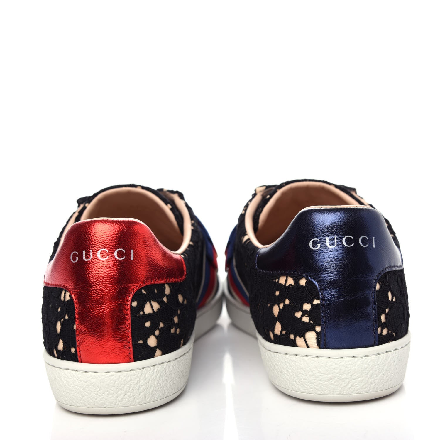 Gucci Lace Crystal Sylvie Web Flower Leaf Womens Ace Sneakers 38.5 Black Tan Beige 7 of 11