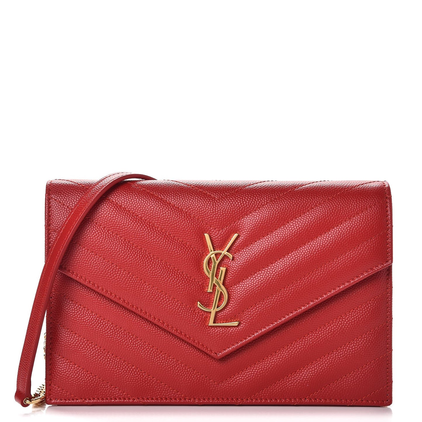 Grain De Poudre Matelasse Chevron Monogram Envelope Chain Wallet New Red