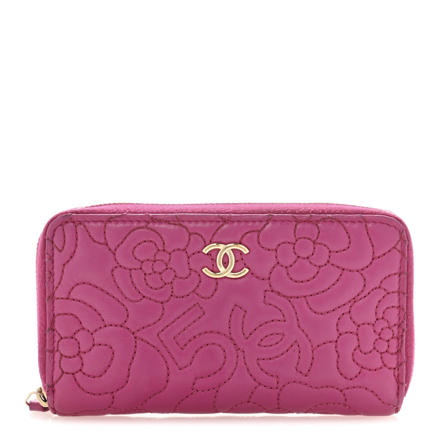 Lambskin Camellia Embossed Small Zip Around Wallet Dark Pink
