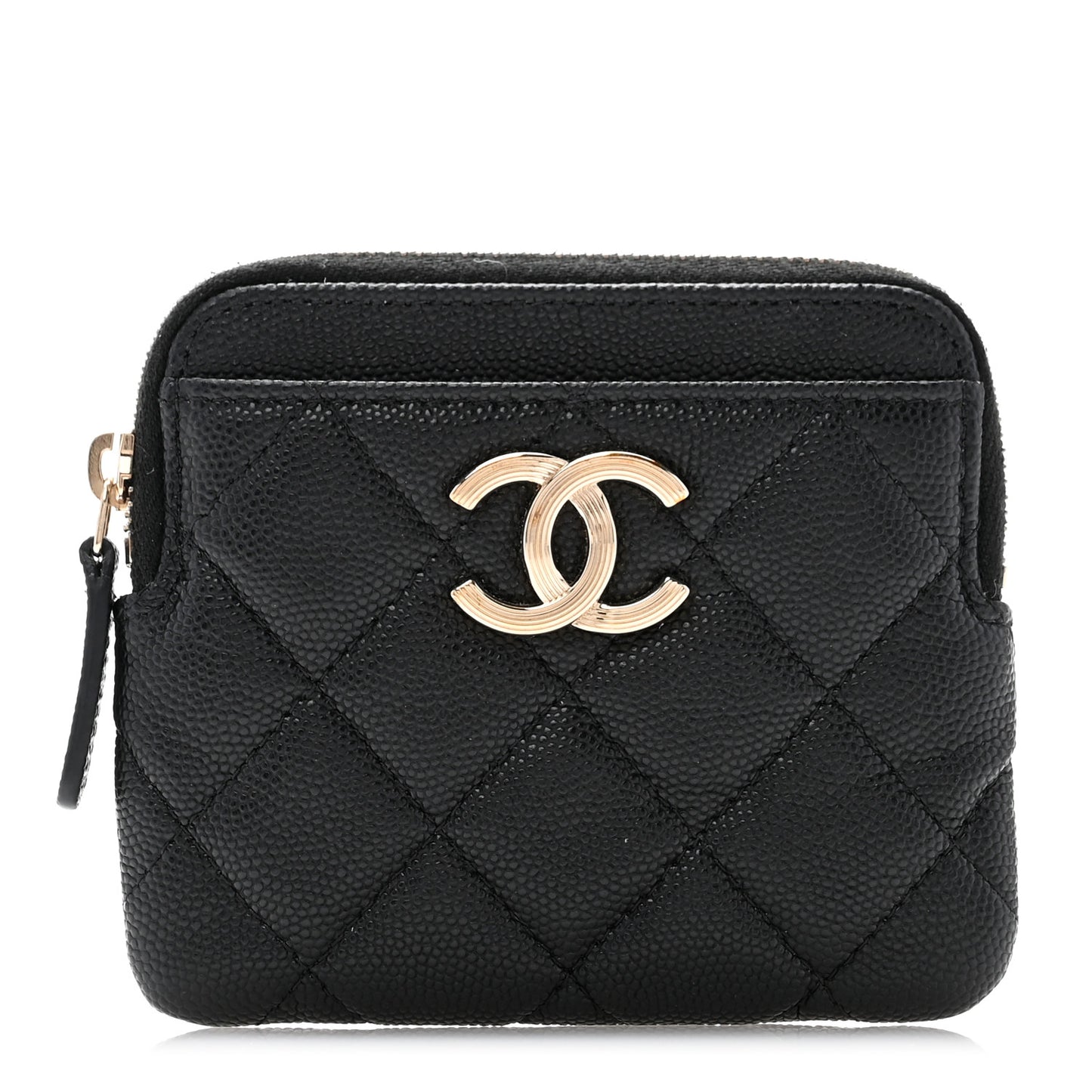 Caviar Metal Quilted Striated Zip Card Holder Wallet Black