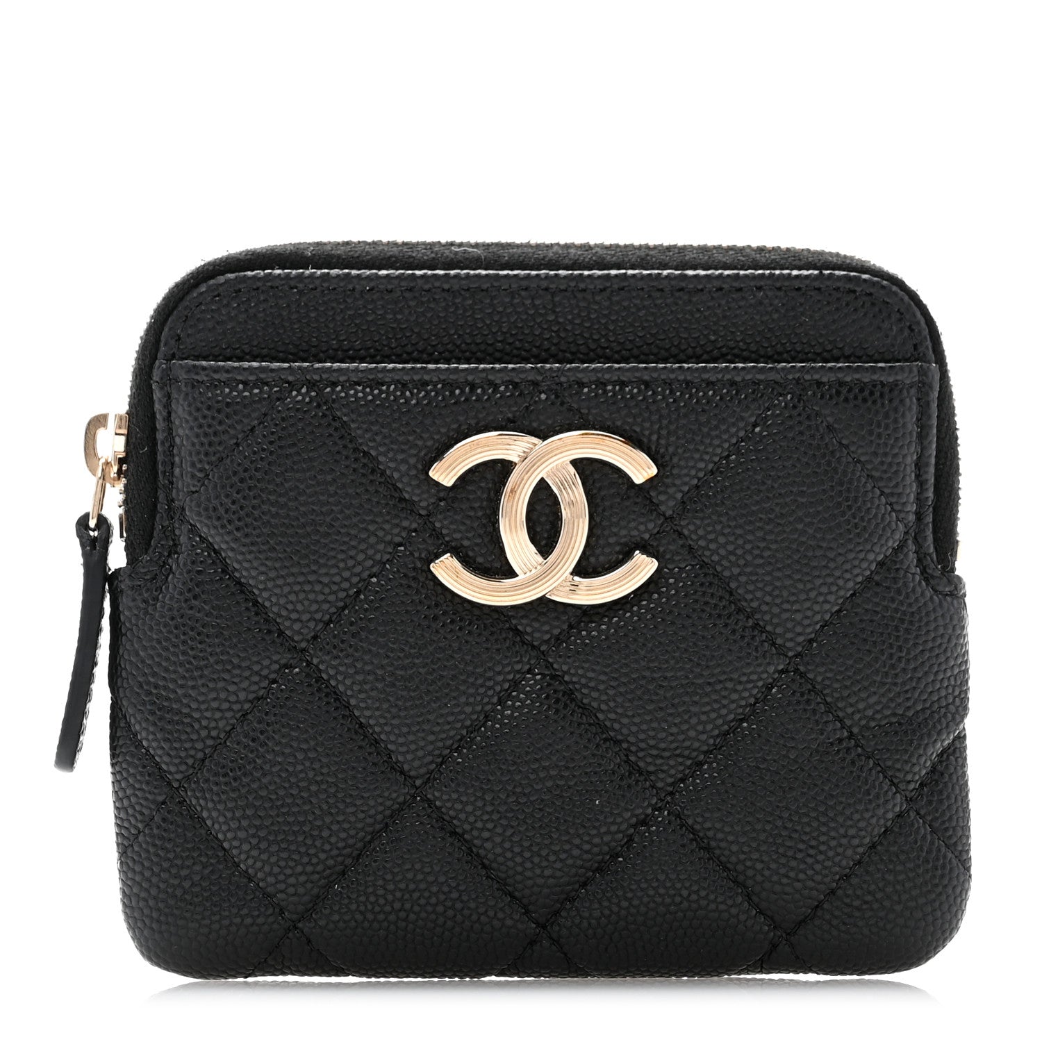 Chanel Caviar Metal Quilted Striated Zip Card Holder Wallet Black 1 of 7
