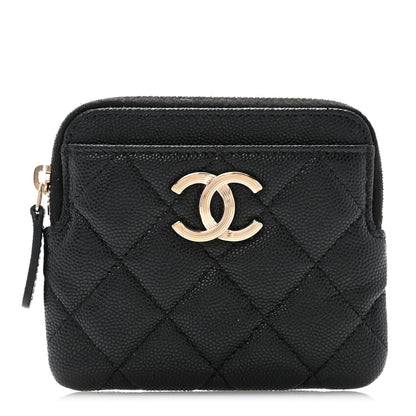 Chanel Caviar Metal Quilted Striated Zip Card Holder Wallet Black 1 of 7