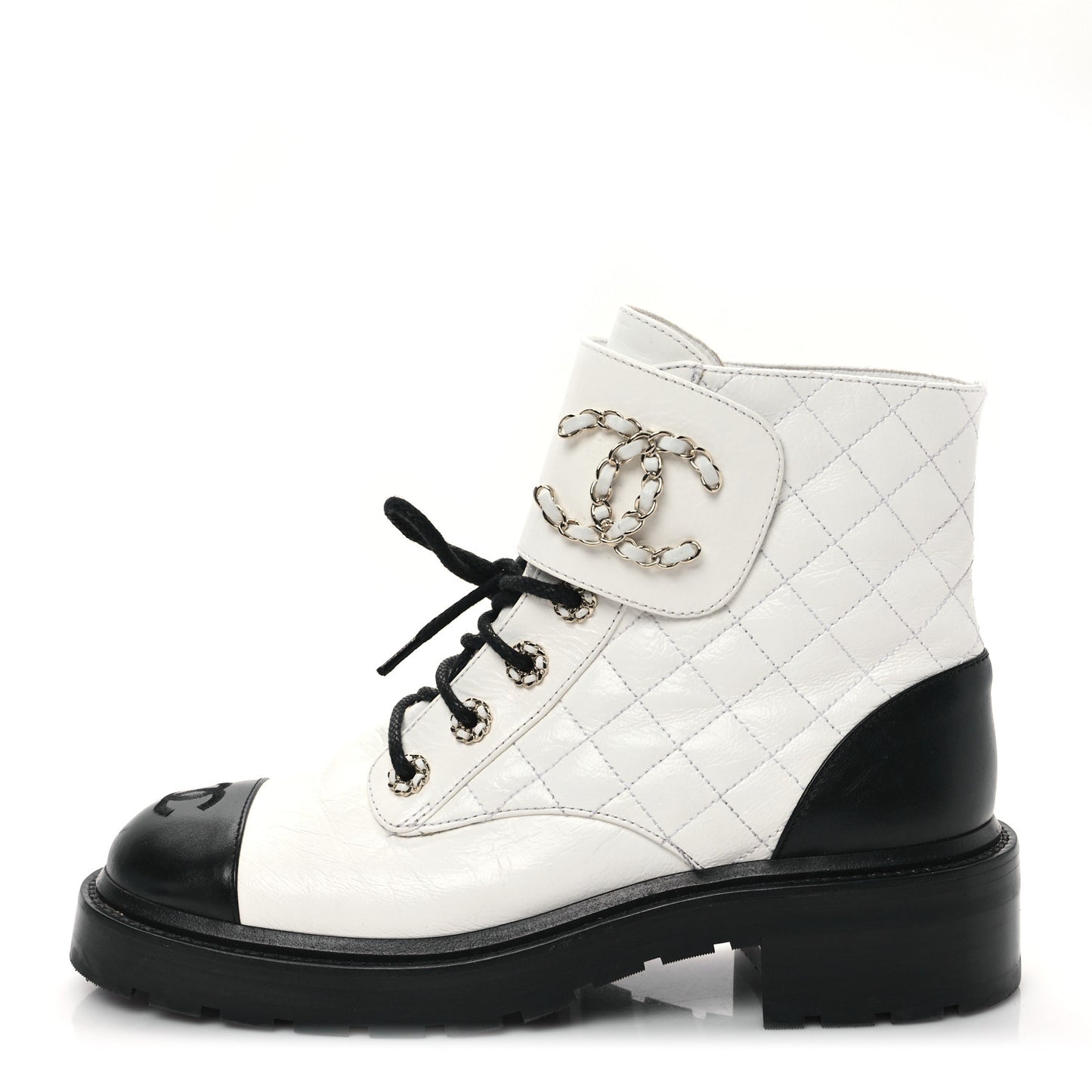 Shiny Goatskin Calfskin Quilted Lace Up Combat Boots 39 White Black