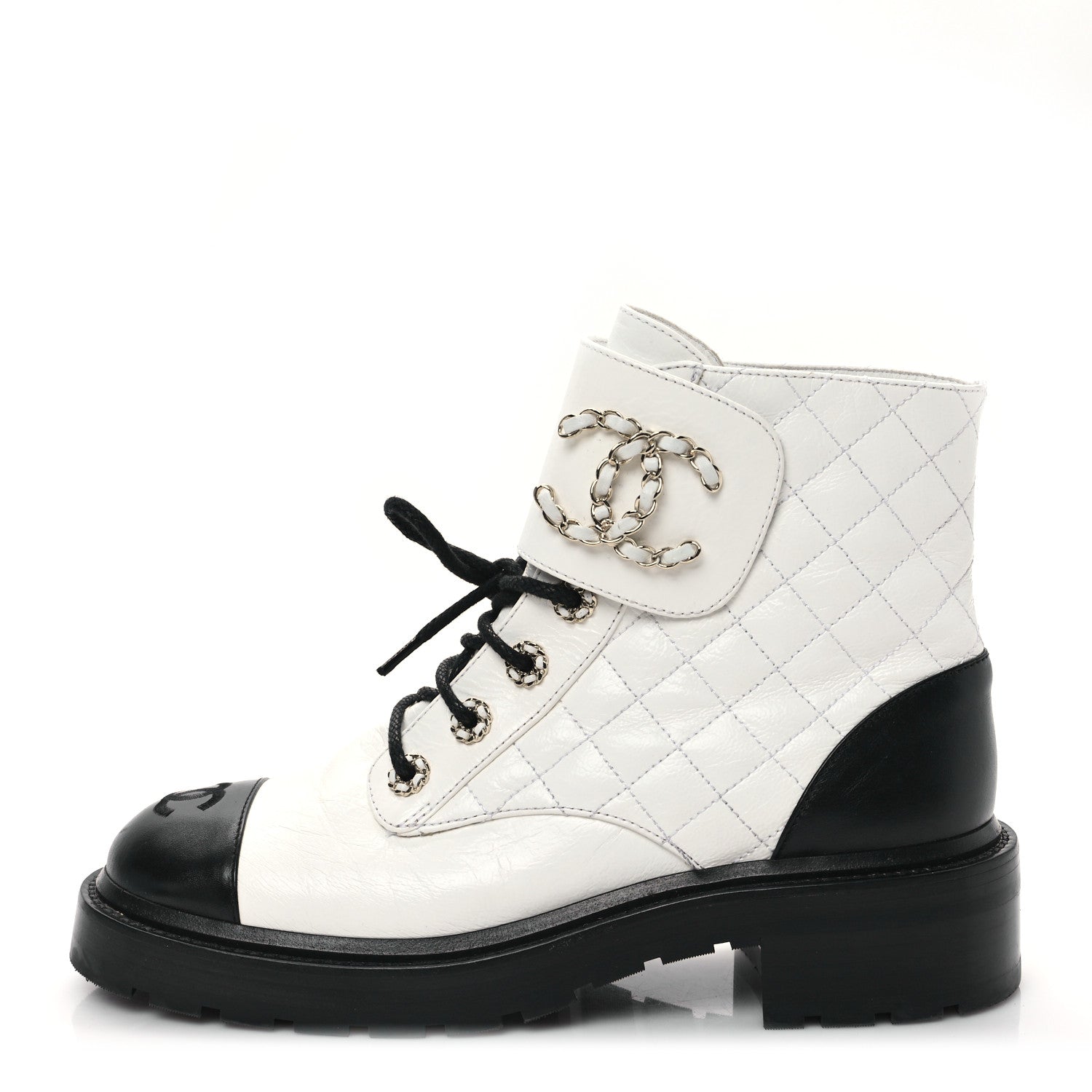 Chanel Shiny Goatskin Calfskin Quilted Lace Up Combat Boots 39 White Black 1 of 10