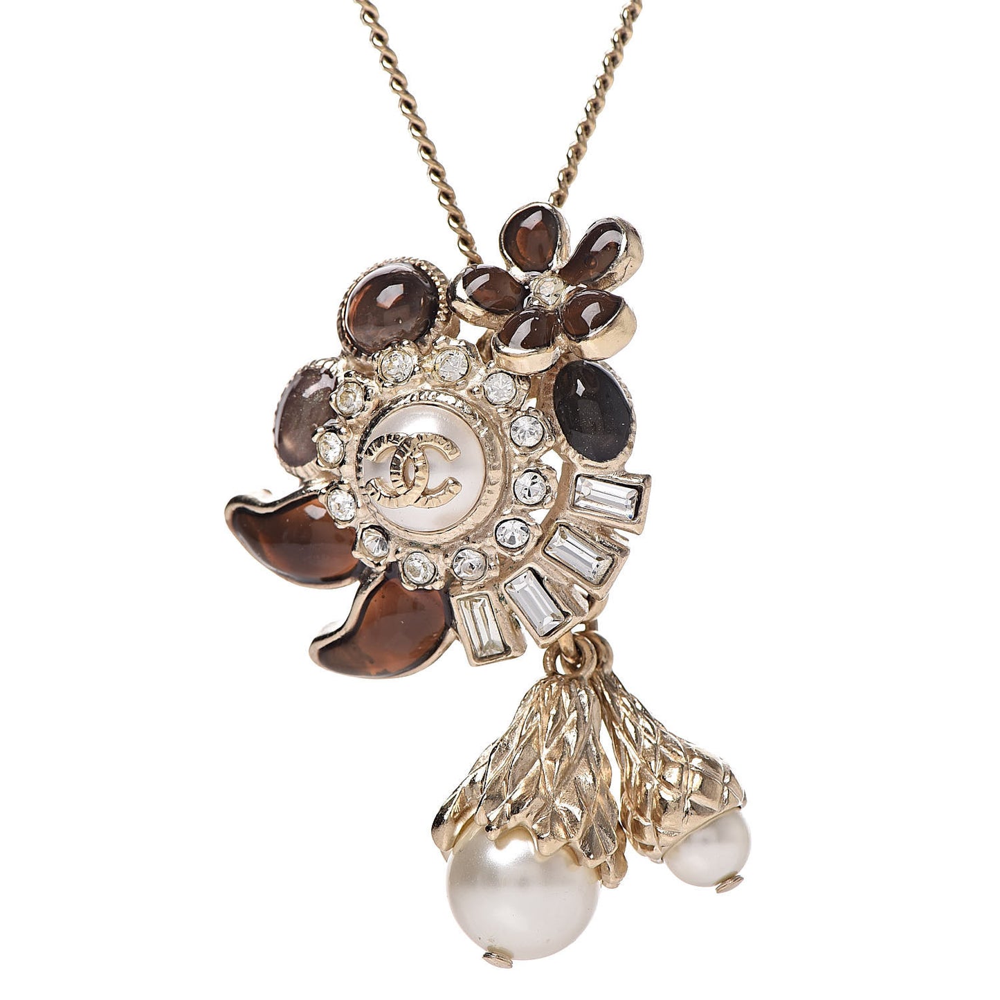 Gripoix Poured Glass Baguette Crystal Pearl CC Pendant Brown Light Gold