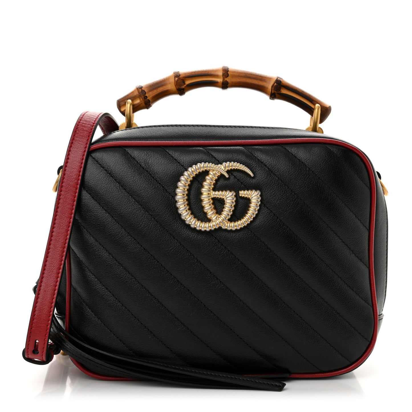 Vintage Effect Calfskin Matelasse Diagonal Small Torchon GG Marmont Bamboo Top Handle Shoulder Bag Black Romantic Cherry