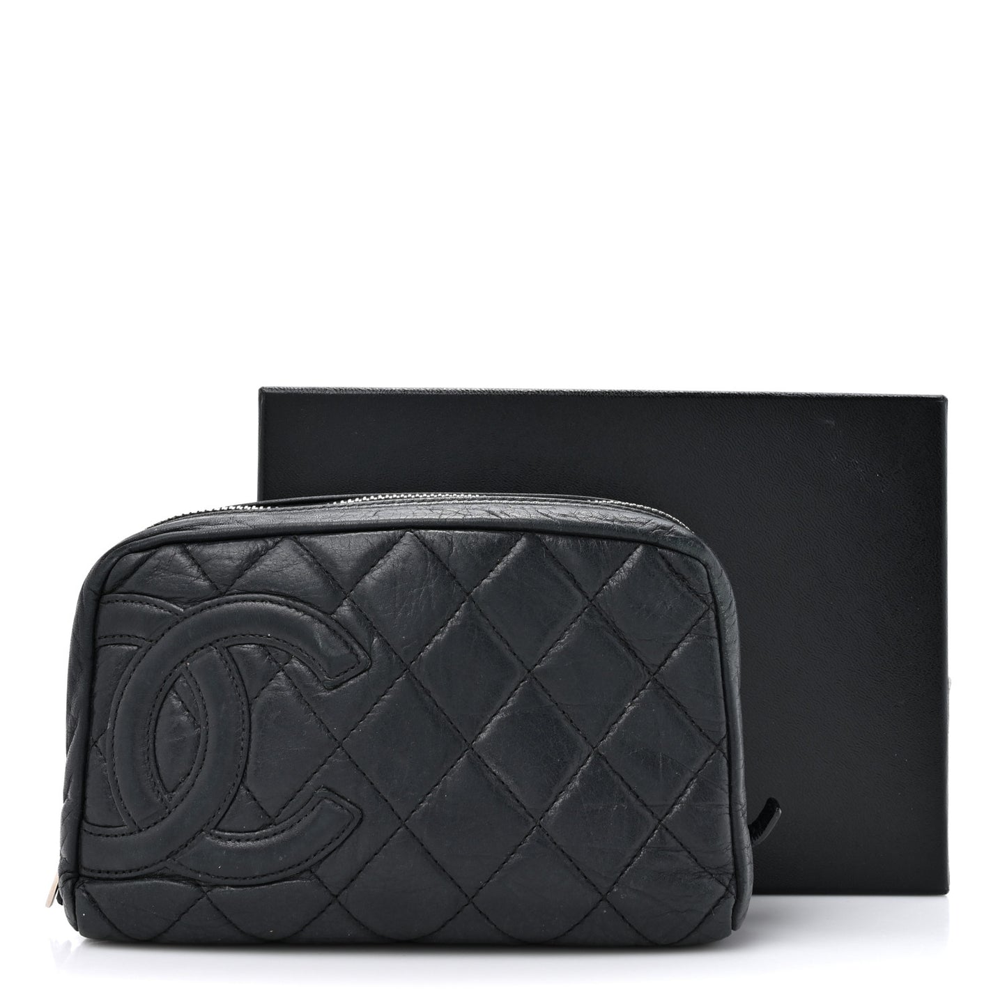 Aged Calfskin Quilted Cambon Cosmetic Case Argent Clair