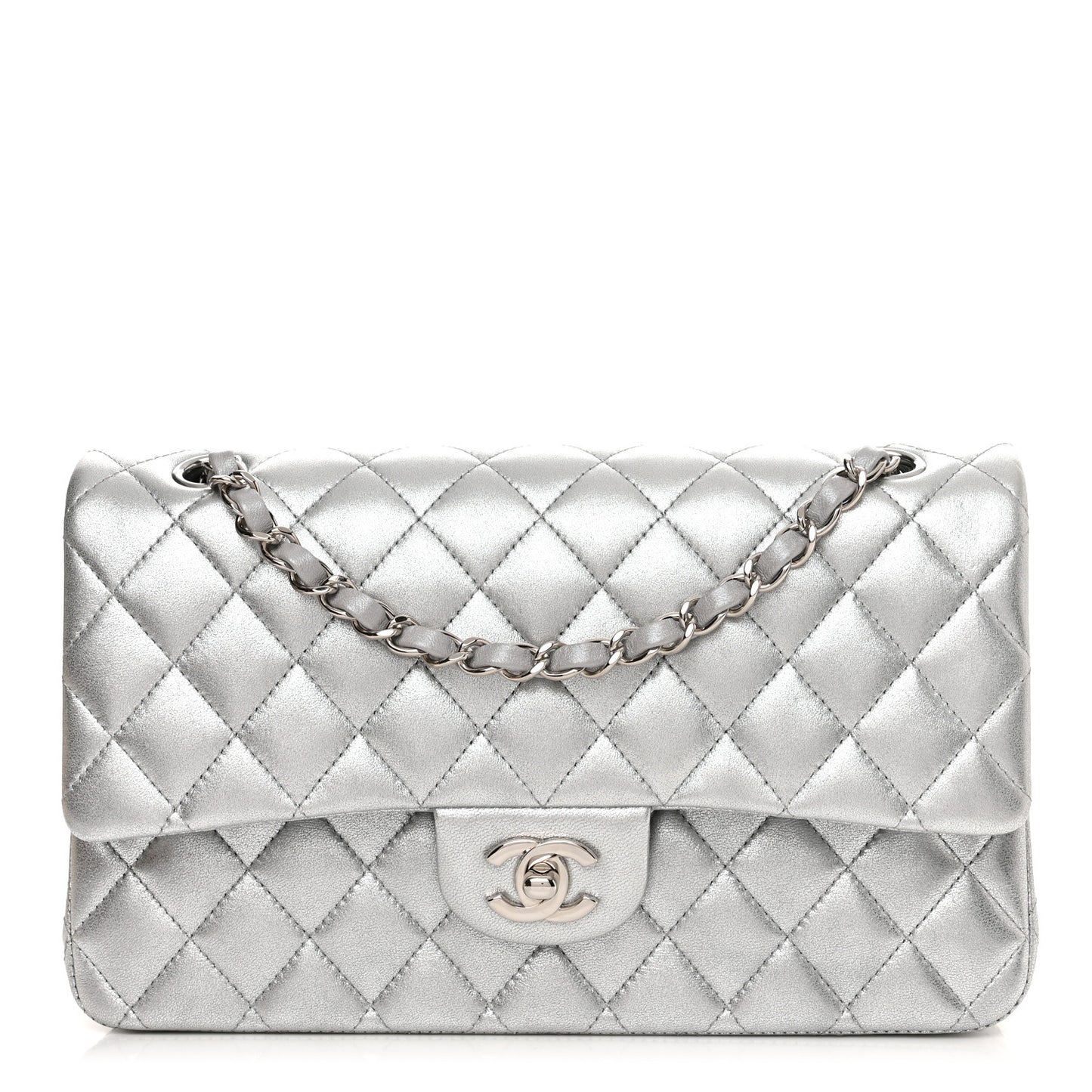 Metallic Lambskin Quilted Medium Double Flap Silver