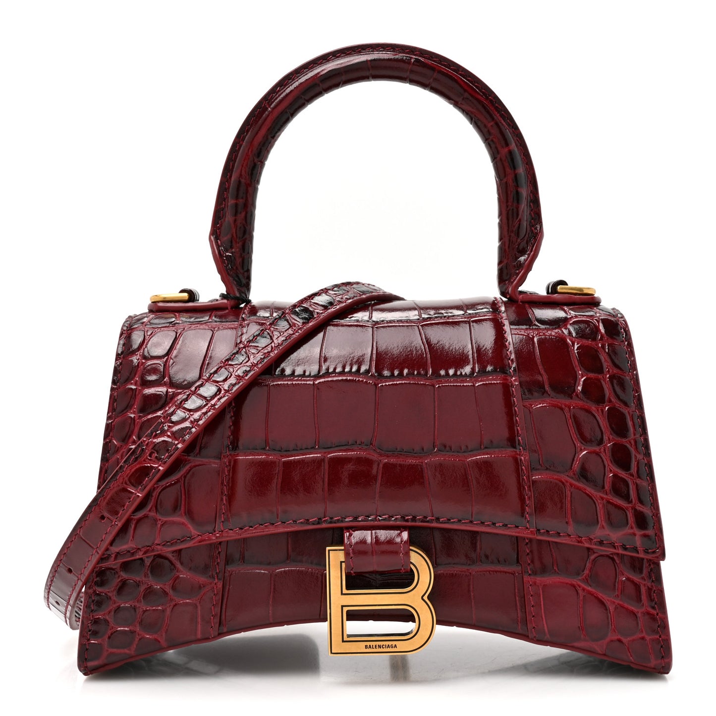 Shiny Calfskin Crocodile Embossed Hourglass Top Handle Bag XS Dark Red