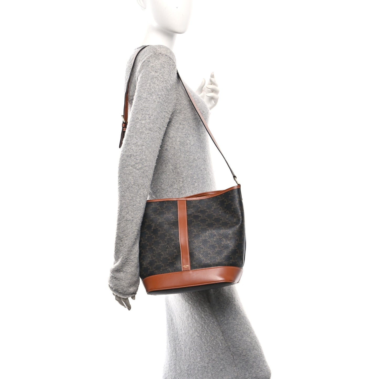 Triomphe Canvas Calfskin Medium Bucket Bag Tan