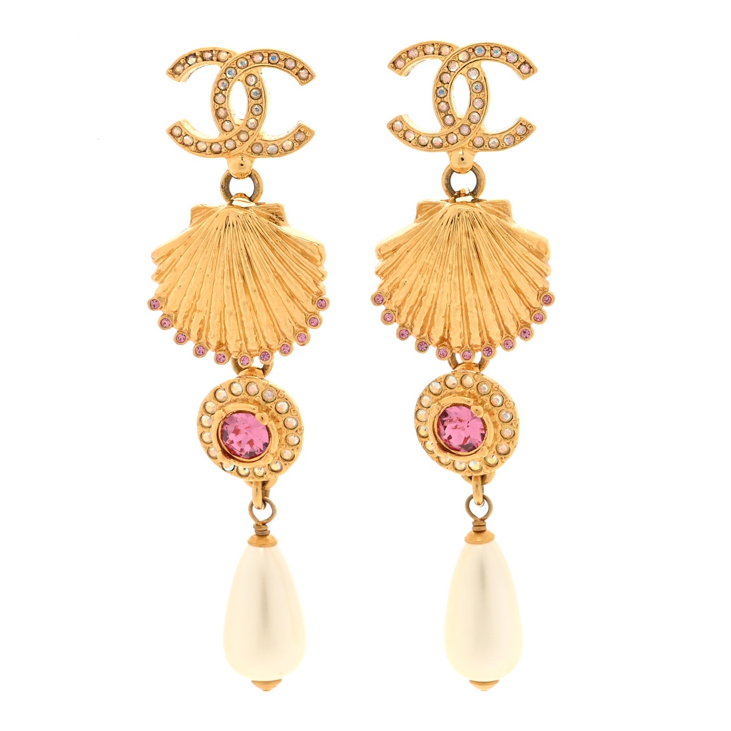 Metal Crystal Pearl CC Drop Earrings Gold Pink White