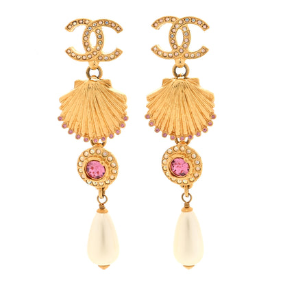 Chanel Metal Crystal Pearl CC Drop Earrings Gold Pink White 1 of 5