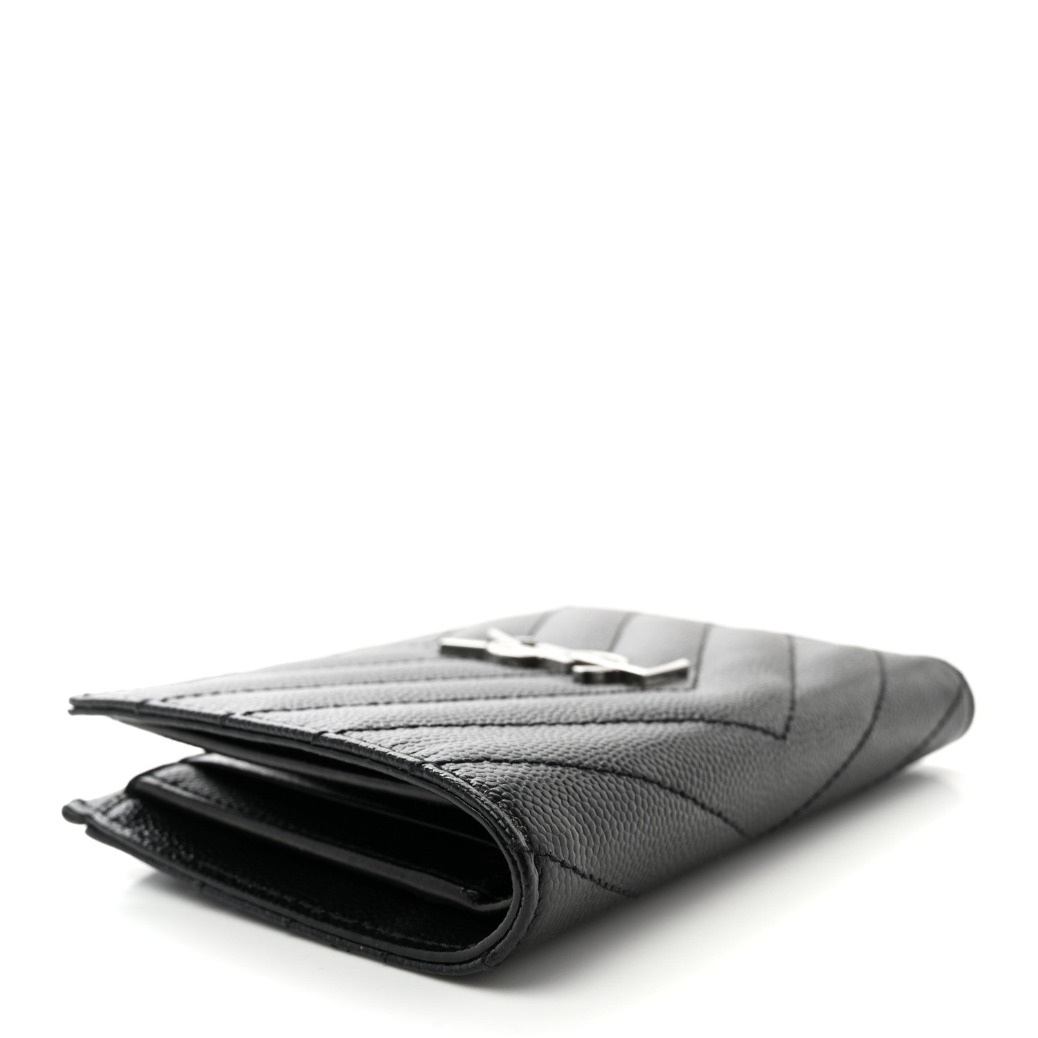 Saint Laurent Grain De Poudre Matelasse Chevron Monogram Zipped Two-Part Wallet Black 4 of 9