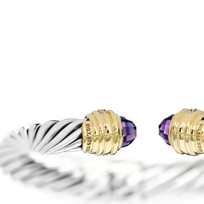 David Yurman Sterling Silver 18K Yellow Gold Diamond Amethyst 10mm Cable Bracelet 3 of 3