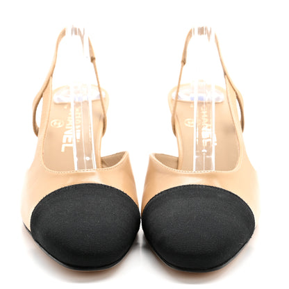 Chanel Goatskin Grosgrain Cap Toe CC Slingback Pumps 36.5 Beige Black 2 of 10