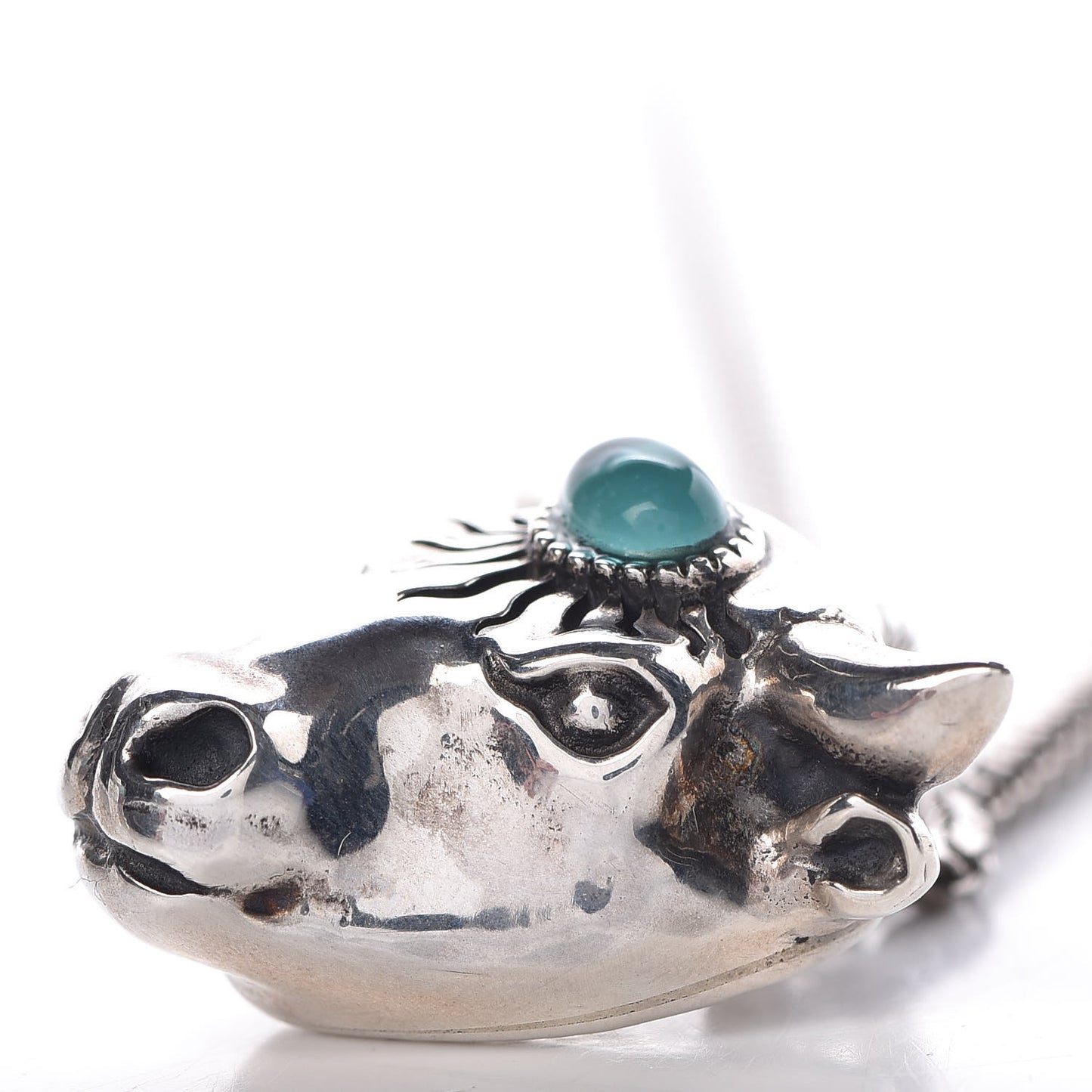 Sterling Silver Glass Anger Forest Bull Head Necklace Green