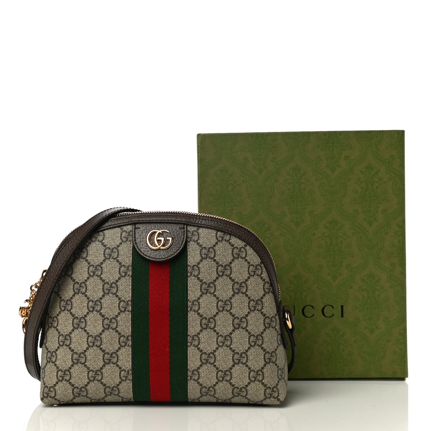 GG Supreme Monogram Textured Dollar Calfskin Web Small Ophidia Dome Shoulder Bag Beige Ebony New Acero