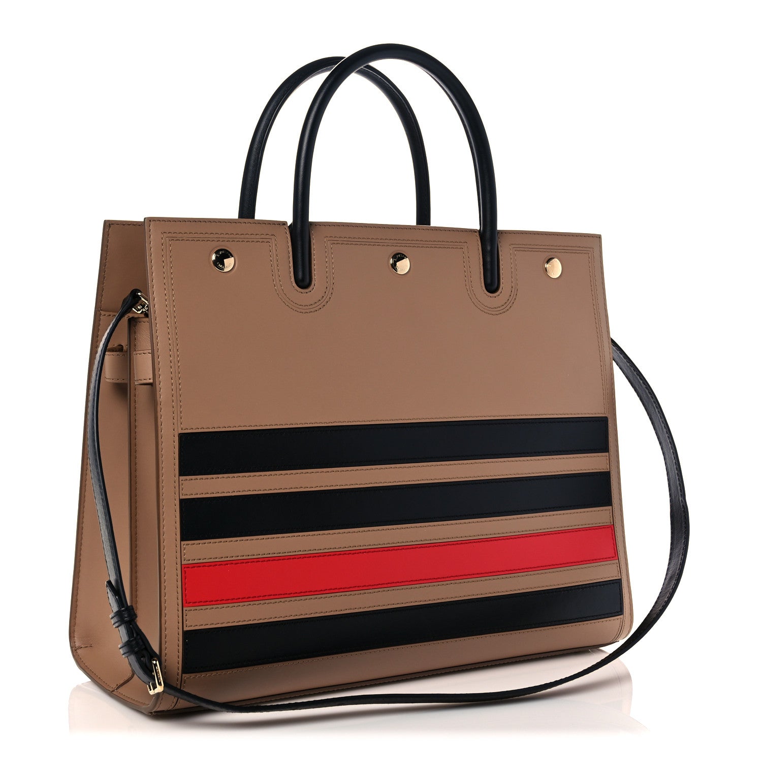 Burberry Smooth Calfskin Stripe Medium Two Handle Title Bag Camel Black Red 3 of 12