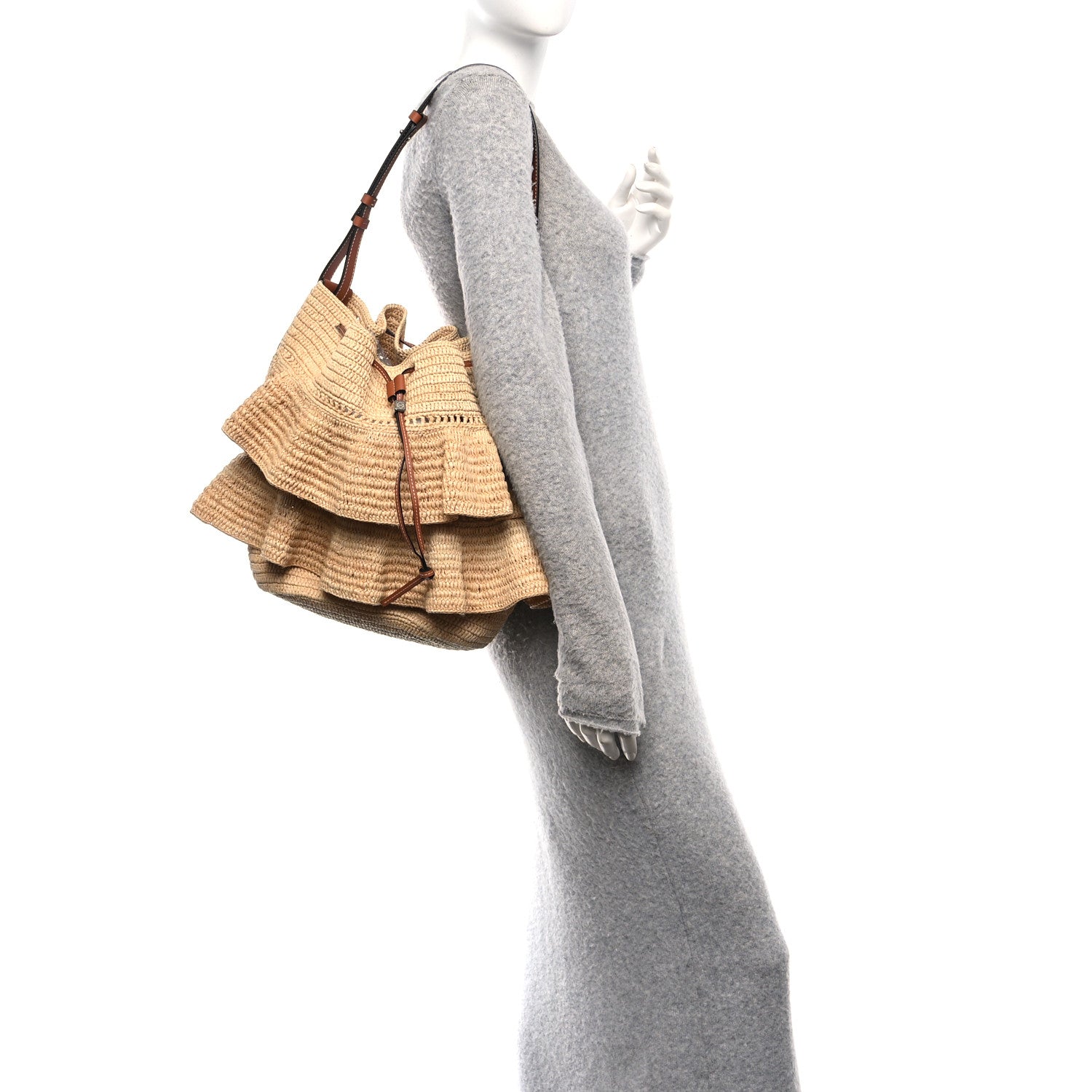 Loewe Raffia Calfskin Paulas Ibiza Balloon Ruffle Basket Tote Bag Natural Tan 3 of 21