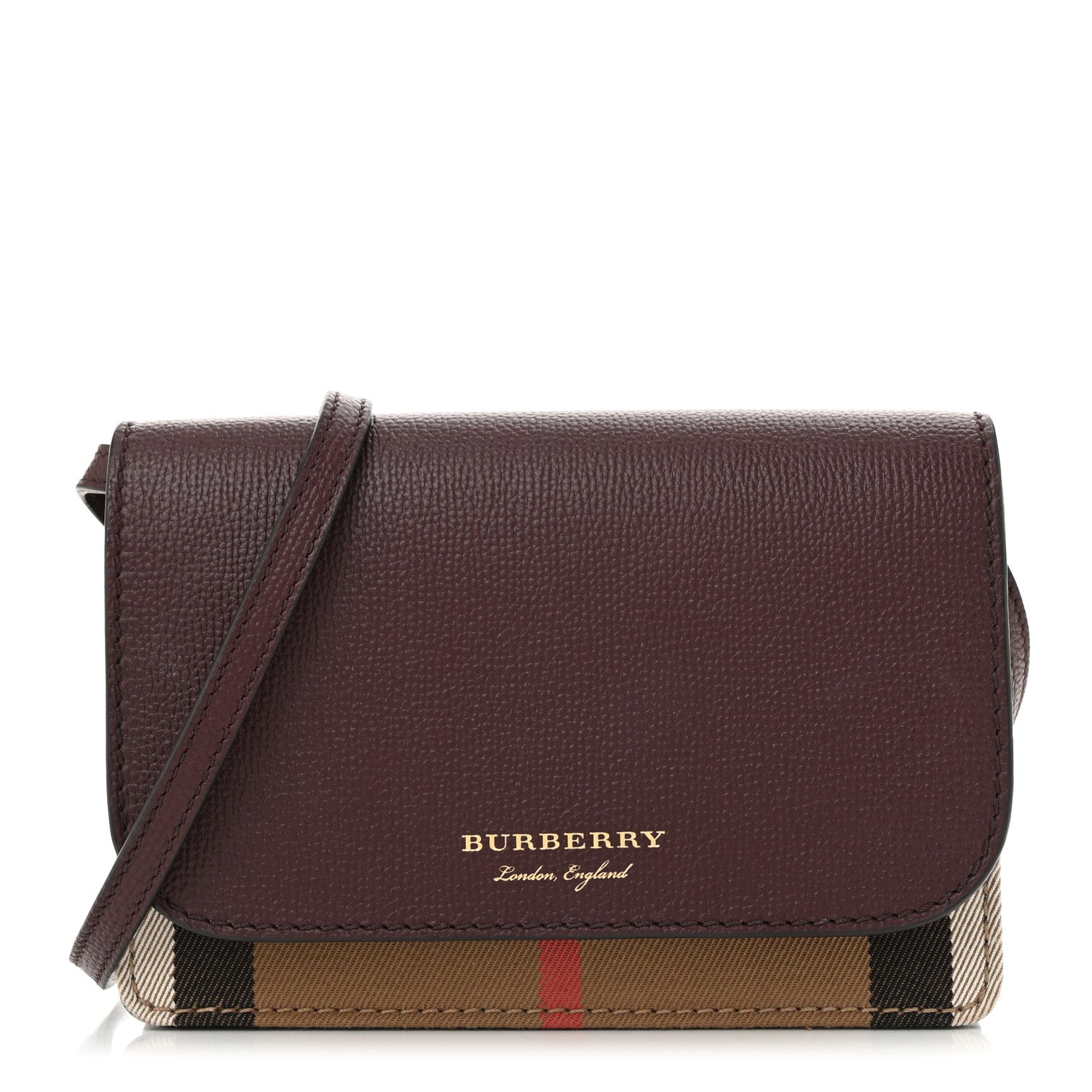 Burberry Grained Calfskin House Check Tartan Mix Hampshire Wallet On Chain Burgundy 1 of 9