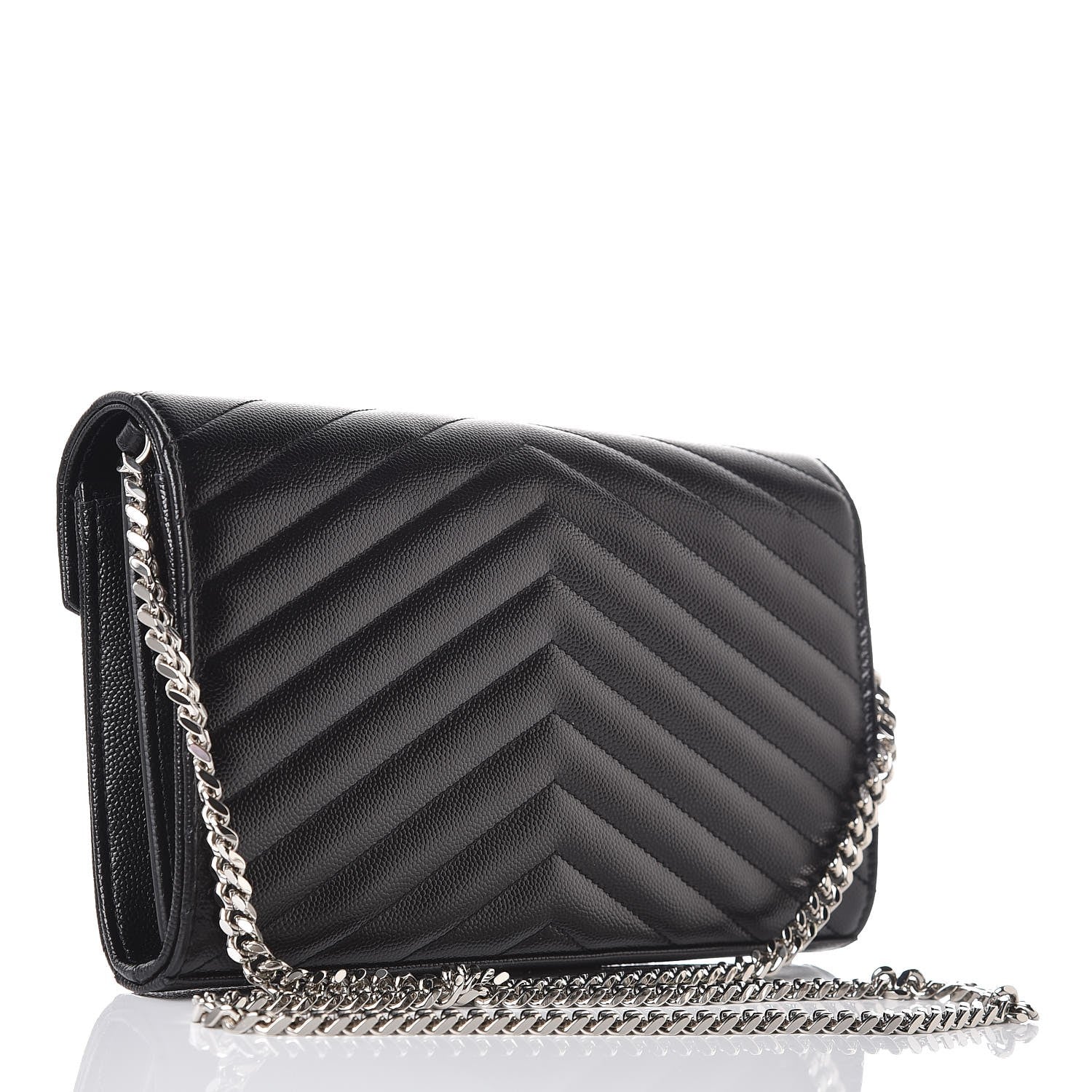 Saint Laurent Grain De Poudre Matelasse Chevron Monogram Chain Wallet Black 3 of 8