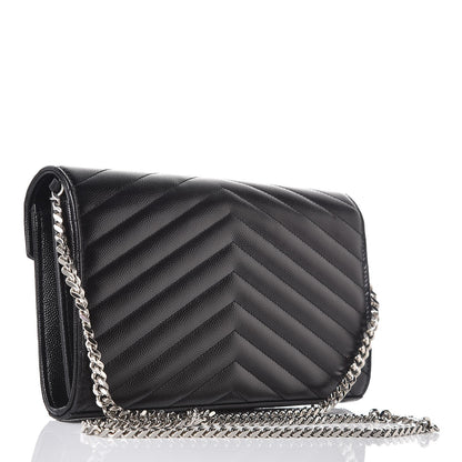 Saint Laurent Grain De Poudre Matelasse Chevron Monogram Chain Wallet Black 3 of 8