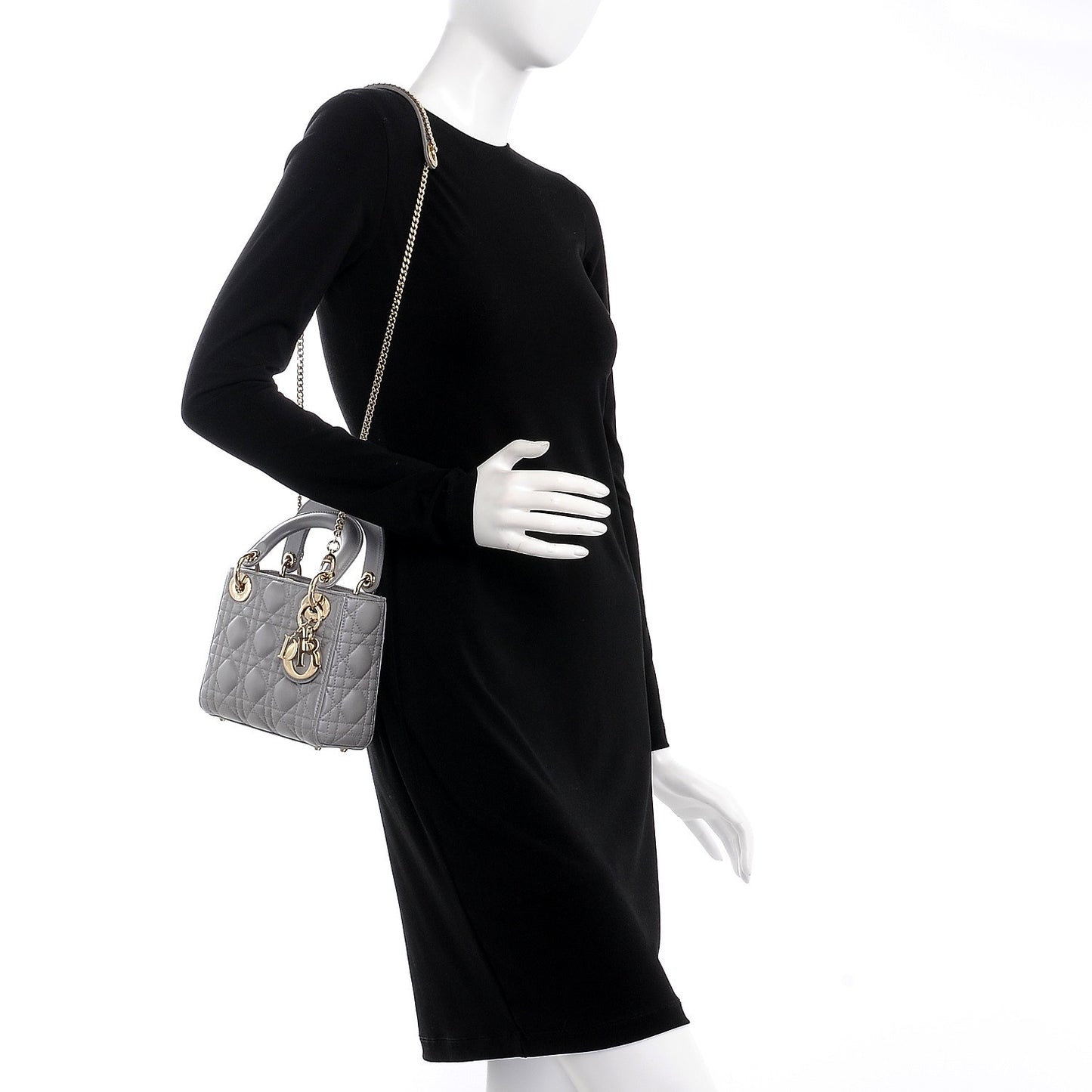 Metallic Lambskin Cannage Mini Lady Dior Grey