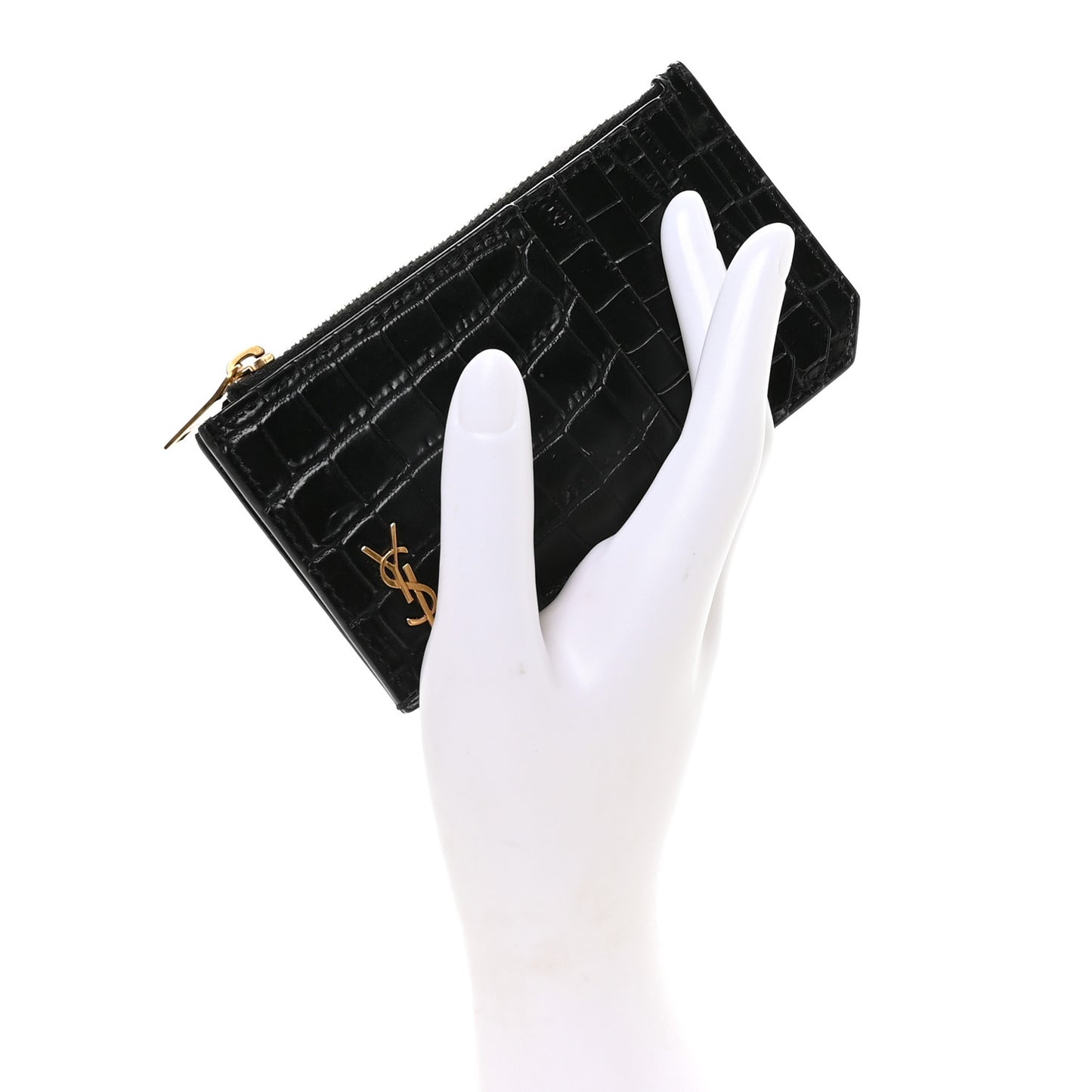 Calfskin Crocodile Embossed 5 Fragments Zip Pouch Card Holder Black