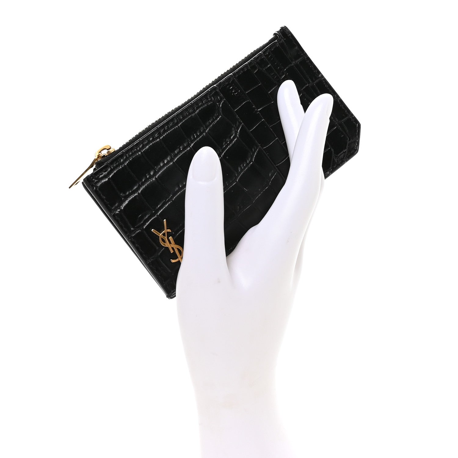 Saint Laurent Calfskin Crocodile Embossed 5 Fragments Zip Pouch Card Holder Black 2 of 7