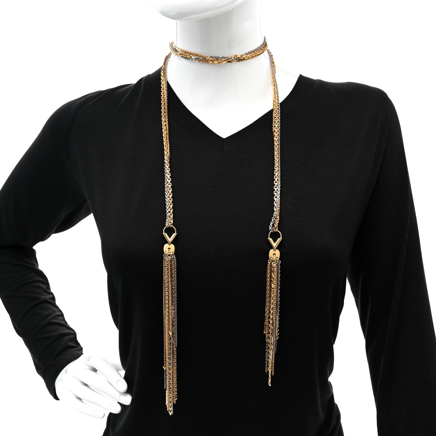Louis Vuitton Metal Long Fringe Necklace Gold 2 of 7