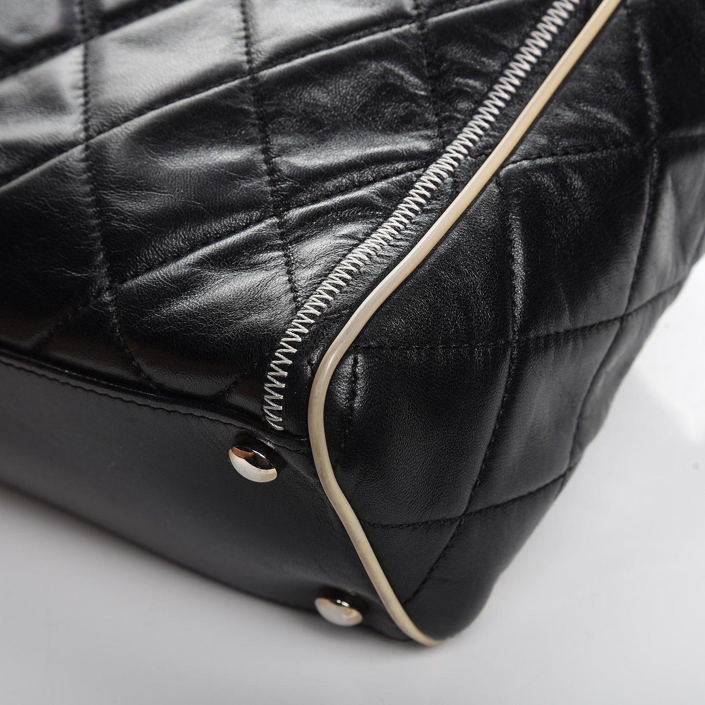 Glazed Lambskin Quilted Large North South Tote Black